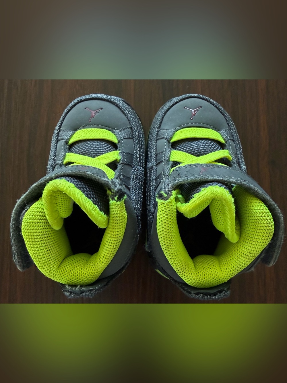 Jordan Size 2 Gray and Neon High-Top Sneakers with strap